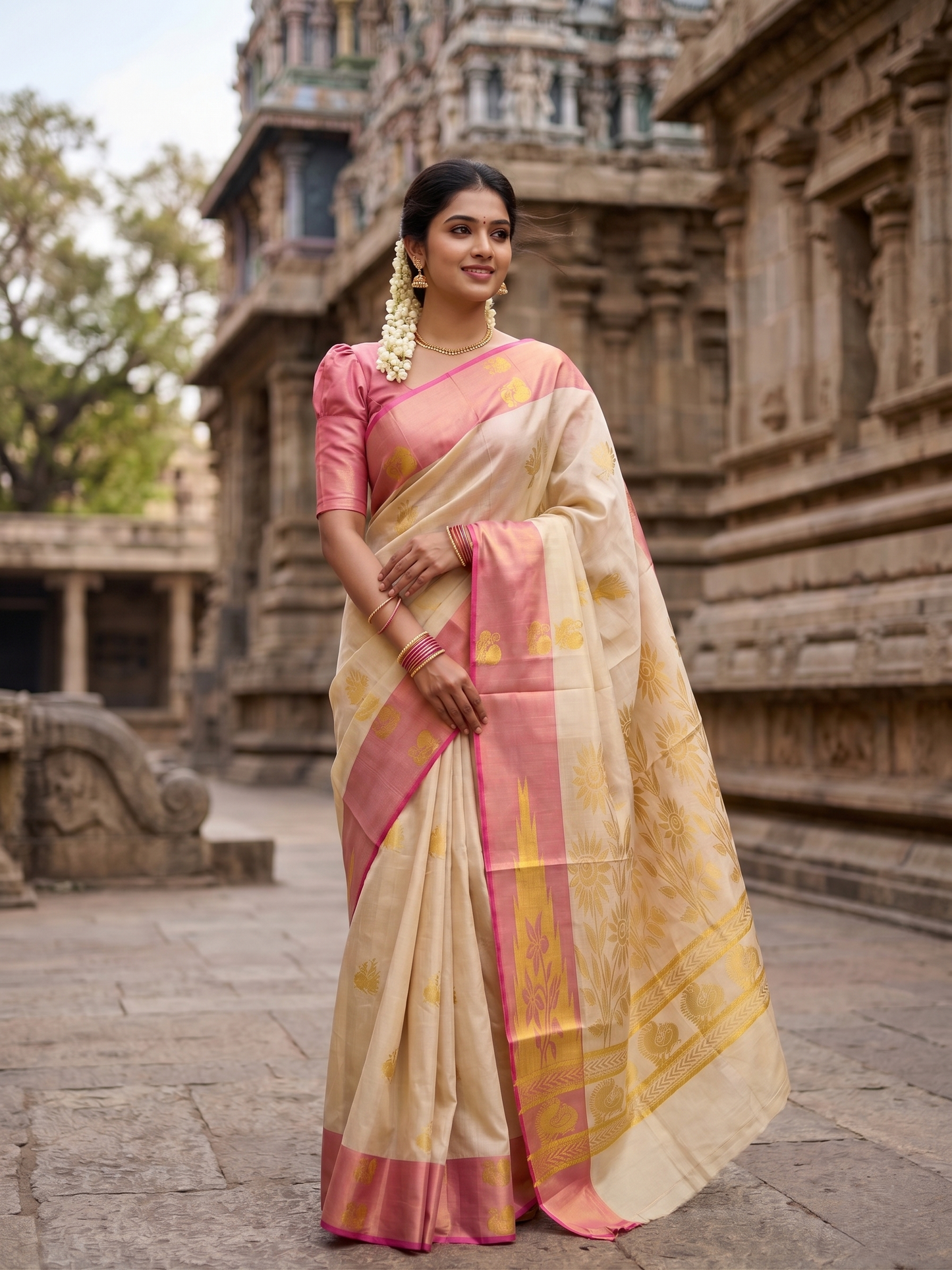 Southloom  Kerala Tissue Kasavu Heavy Work Saree with Peacock Design And Pink Border SL483