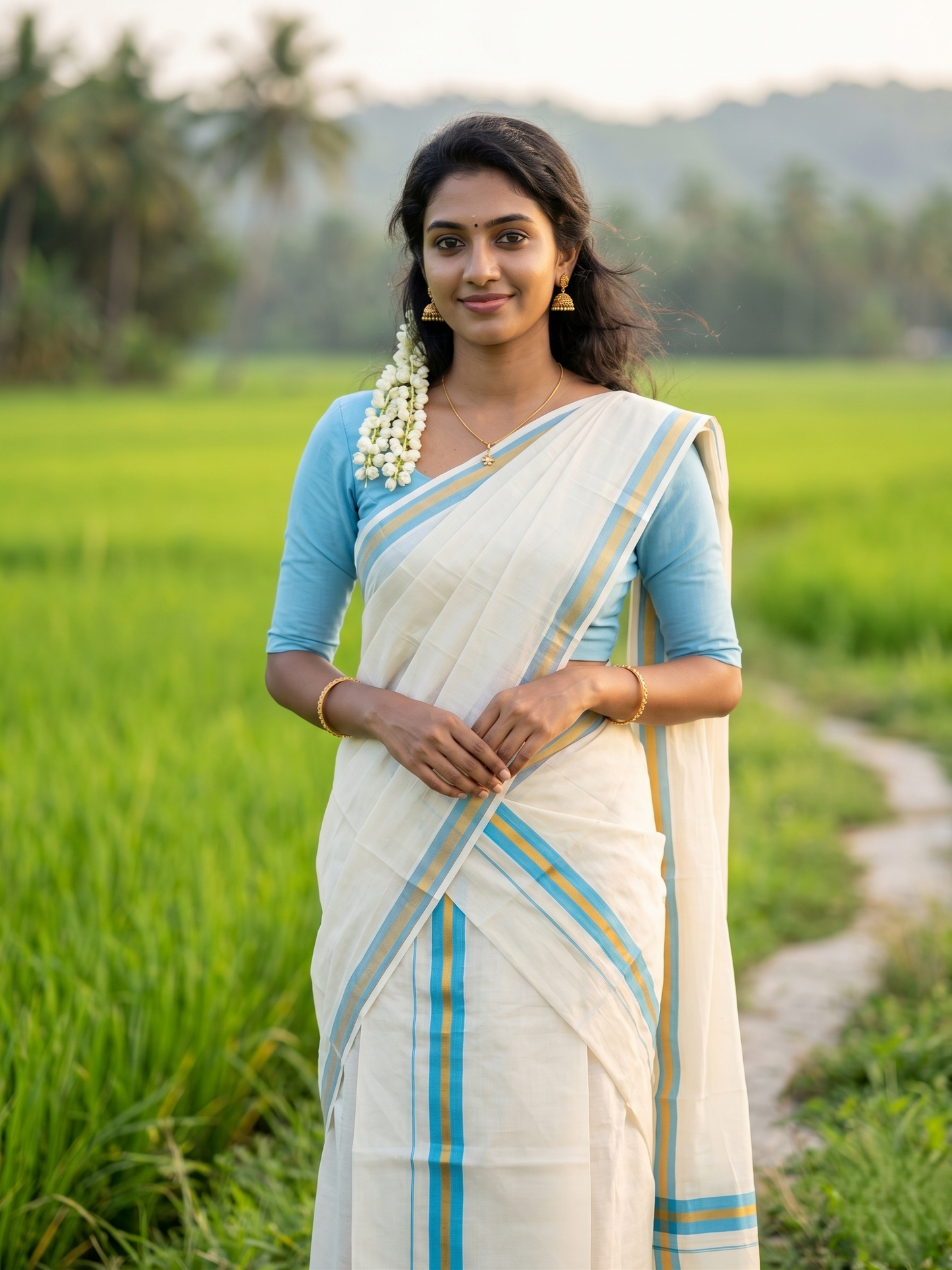 Southloom Kerala Cotton  Single Set Mundu (Mundum Neriyathum) with Kasavu and Blue Border