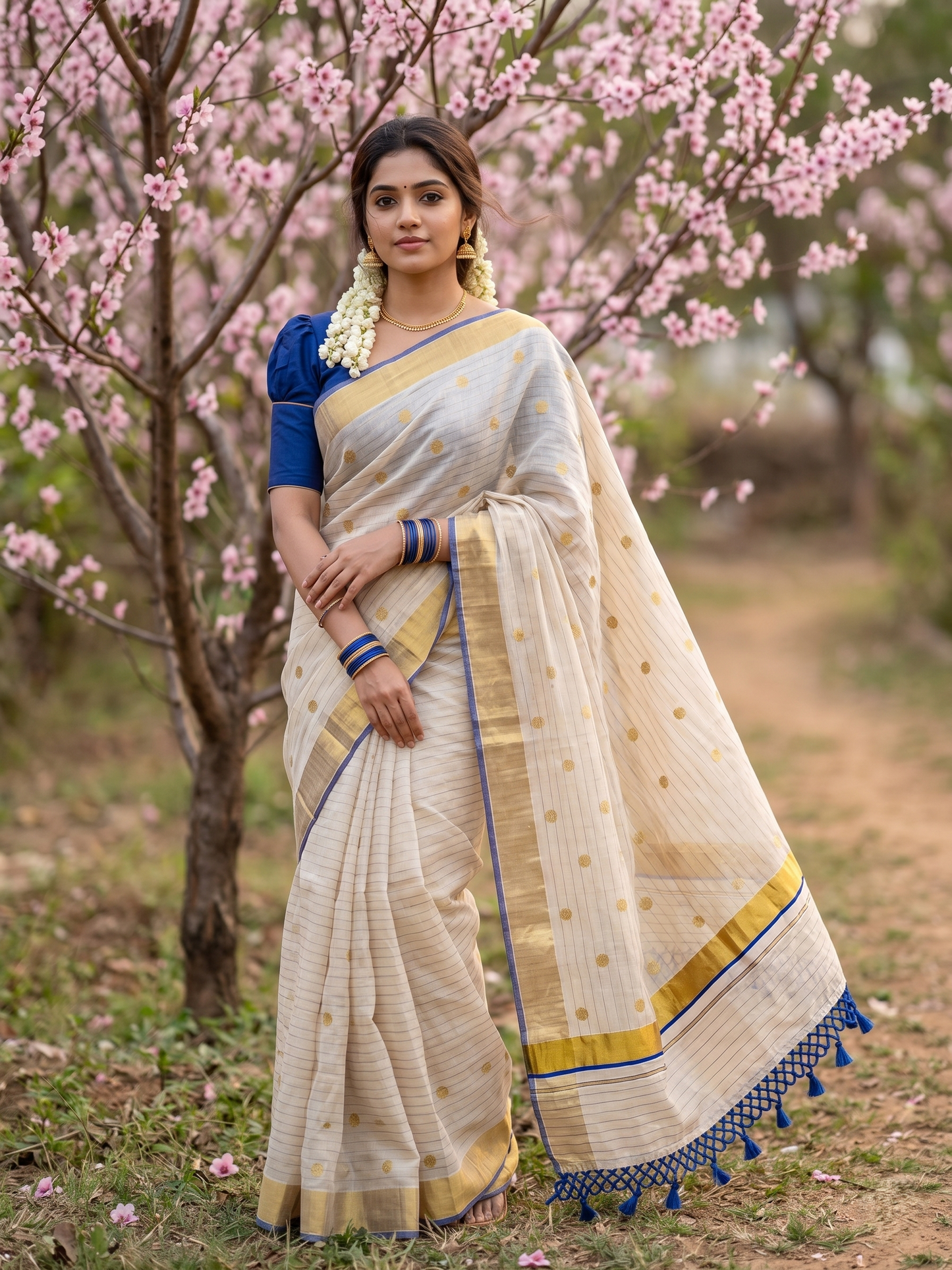 Southloom Kerala Tissue Kasavu Saree with Gold Polka Embroidery Works on Body in Blue