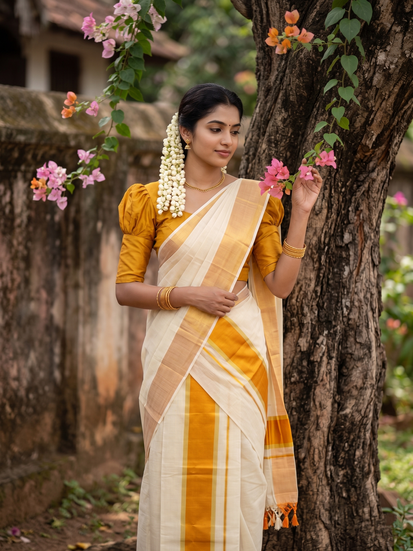 Southloom Kerala Tissue Kasavu Set Mundu (Mundum Neriyathum) with Mustard Yellow Border Tassels on Pallu in 2.80 Mtrs SL381