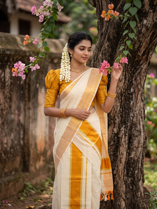 Southloom Kerala Tissue Kasavu Set Mundu (Mundum Neriyathum) with Mustard Yellow Border Tassels on Pallu in 2.80 Mtrs SL381