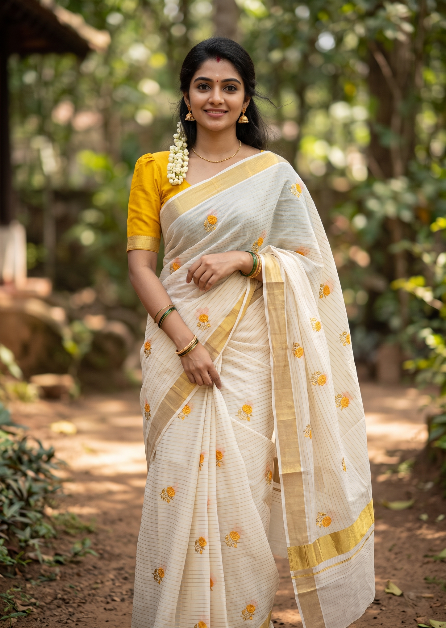 Southloom Kerala Cotton Kasavu Line Saree with Yellow Floral Embroidery Works