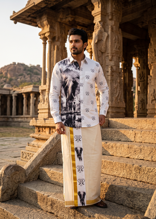 Southloom Premium Satin Elephant Digital Print Design Men's Combo (Shirt + Mundu) SL576