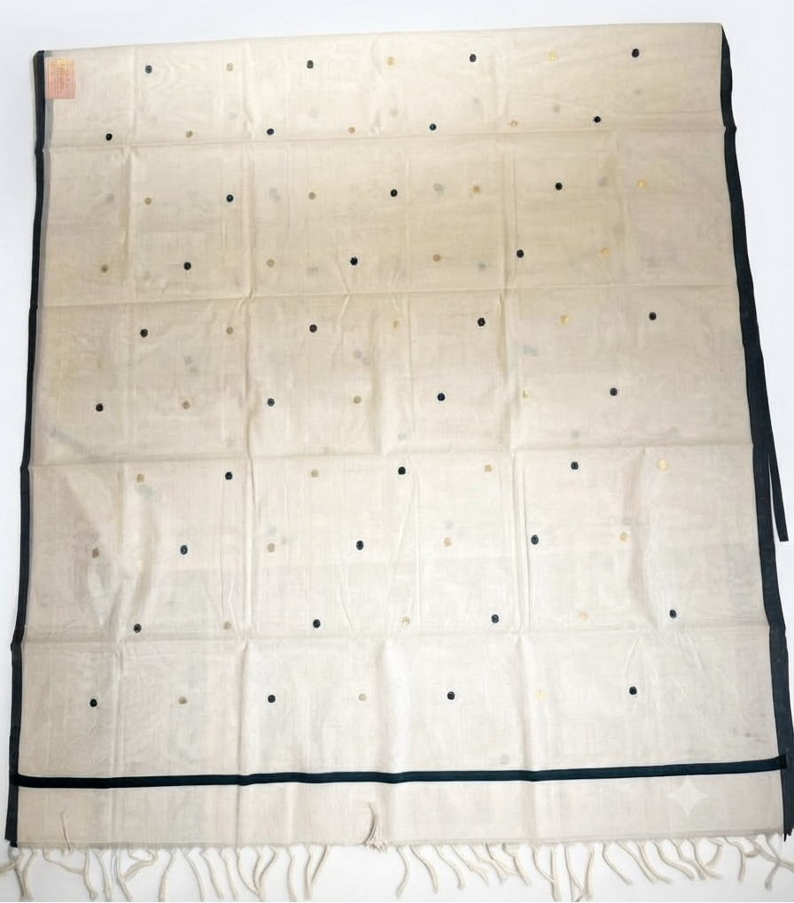 Southloom Kerala Cotton Handloom Saree With Green And Gold Polka Dot On The Body SL629