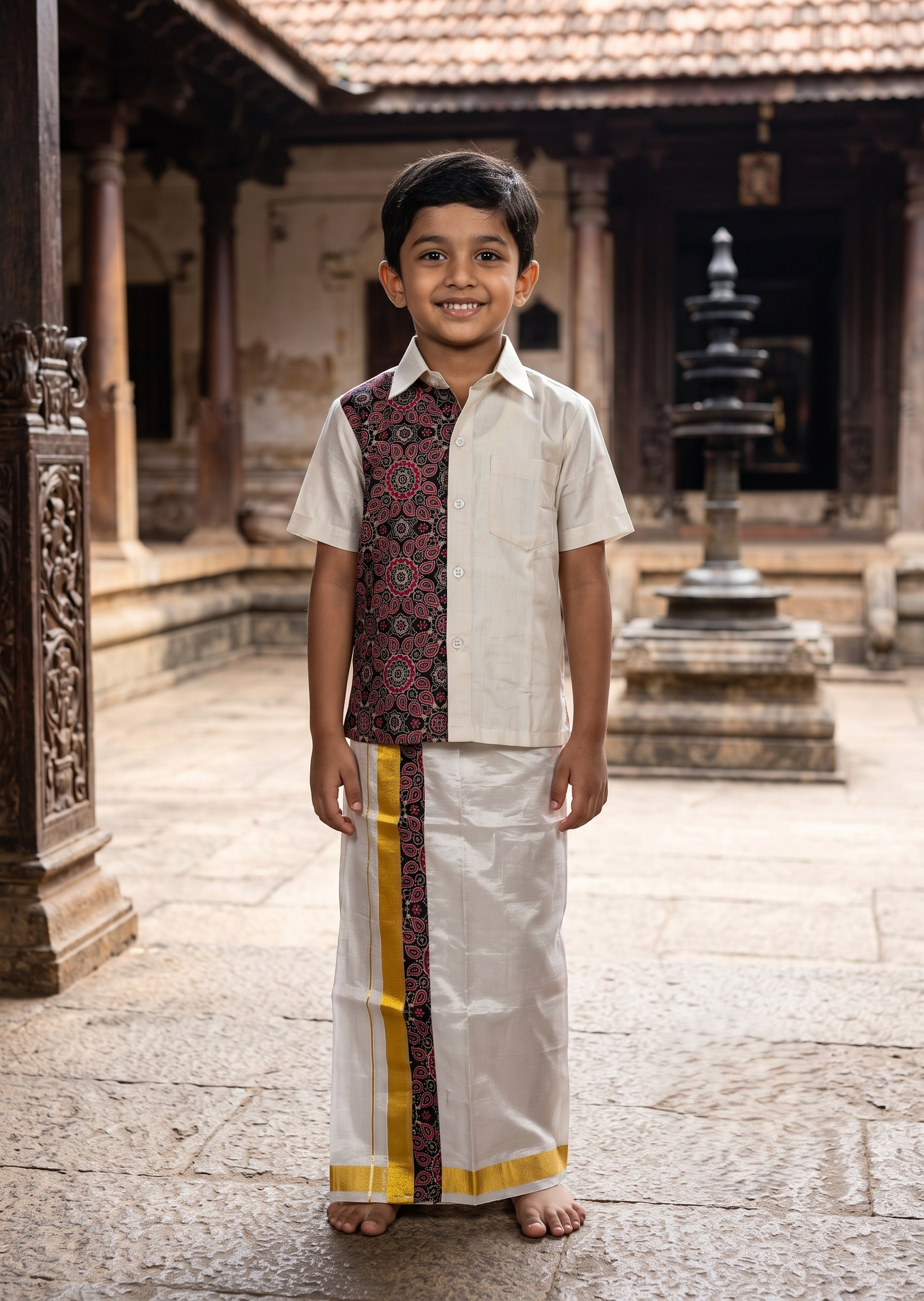 Southloom Tissue Ajrakh Printed Kids's Combo (Shirt + Velcro Mundu) SLKCOMBO