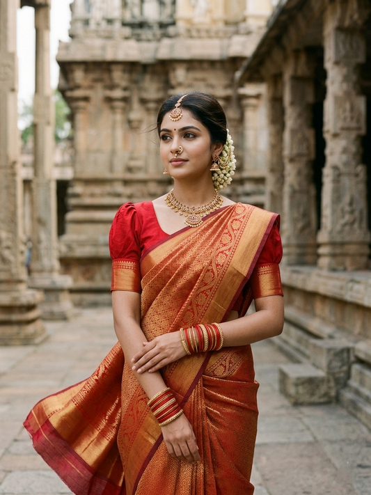 Southloom Premium Semi Silk Zari Work Brocade Saree in Bridal Red with Matching Pallu