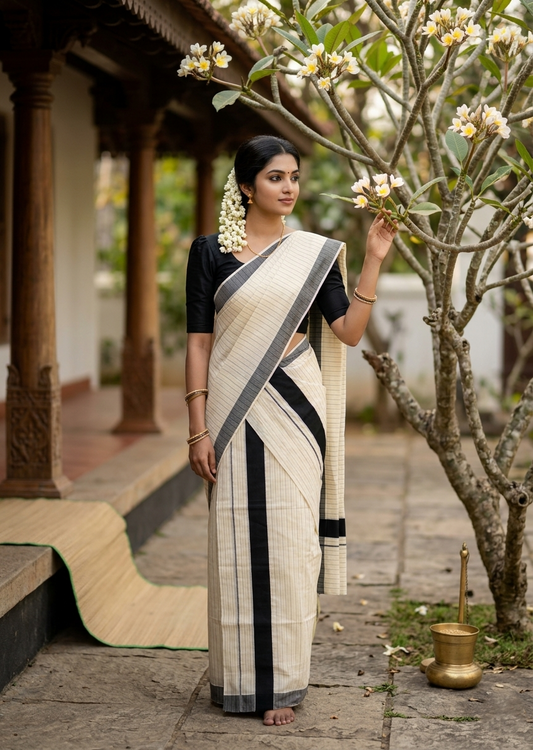 Southloom Pure Cotton Kerala Single Set Mundu (Mundum Neriyathum) with Stripes Design in Black  2.80 Mtrs SL355