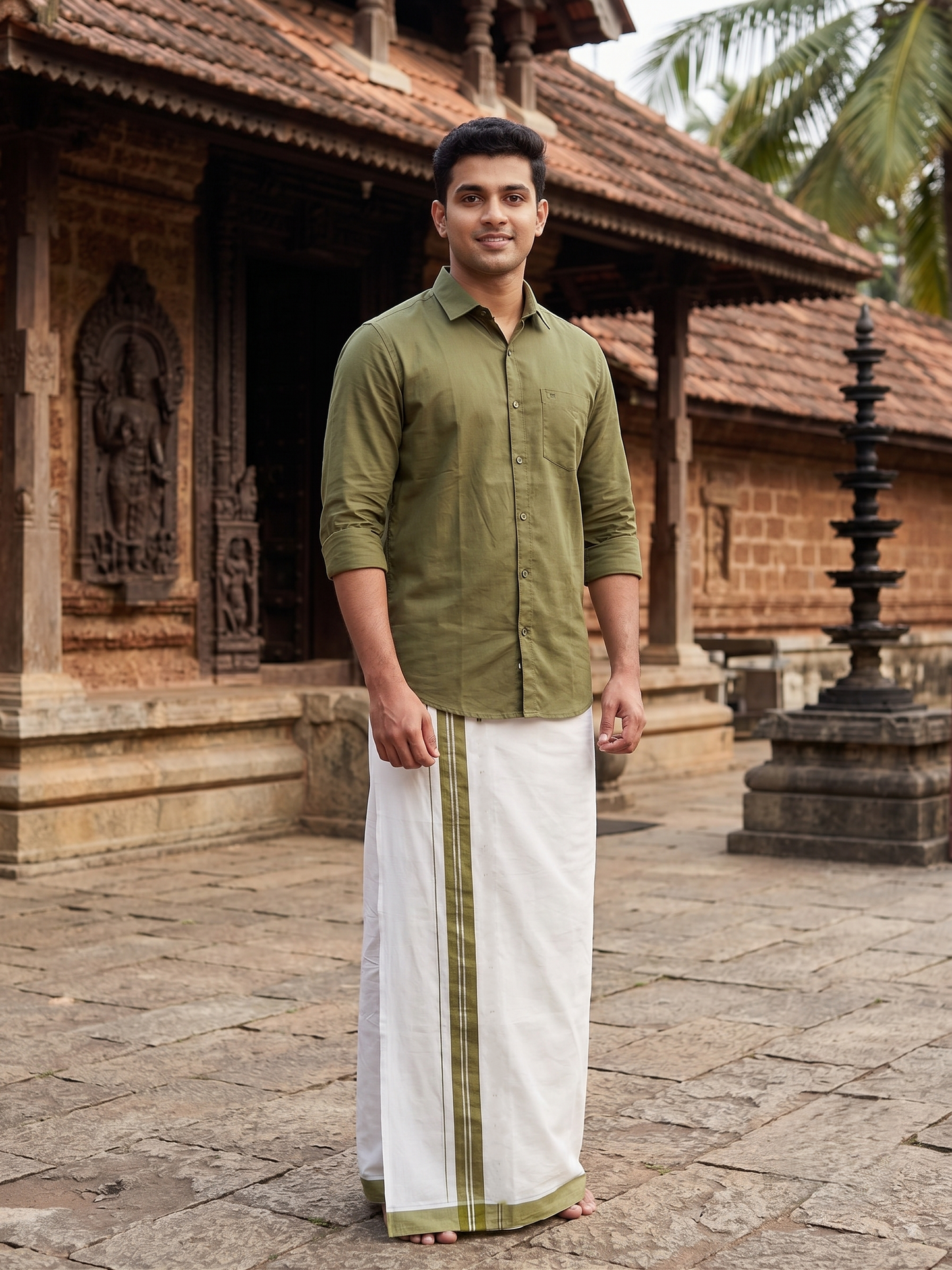 Southloom Pure Cotton Mundu with Silver Lines and Olive Green Border (South Indian Kerala Dhoti)