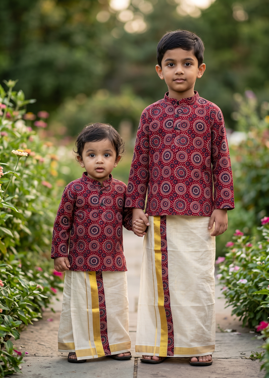 Southloom Tissue Ajrakh Printed Kids's Combo (Shirt + Velcro Mundu) SLKCOMBO