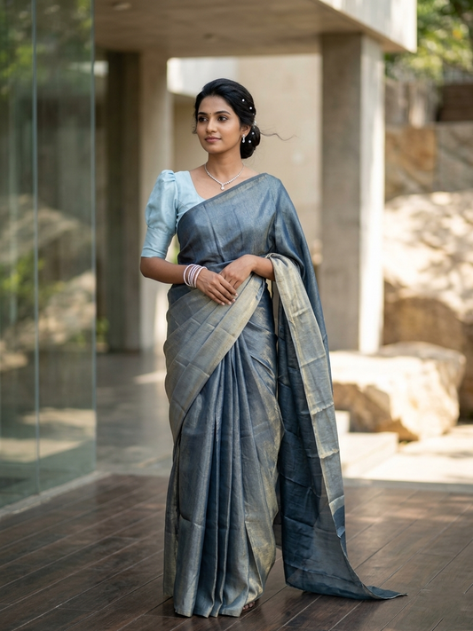 Southloom Tissue Crushed Organza Saree Grey