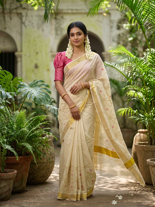 Southloom Kerala Tissue Kasavu Saree with Floral Embroidery Work on Body in Pink