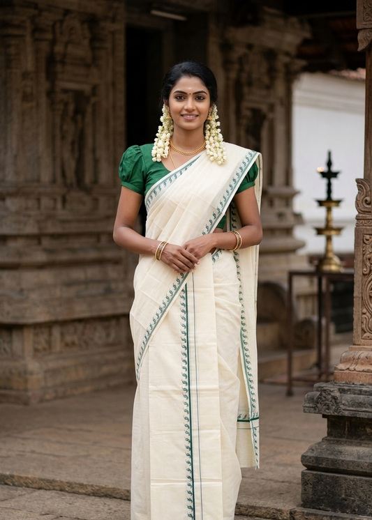Southloom Pure Cotton Kerala Single Set Mundu (Mundum Neriyathum) with Digital Prints in Green 2.80 Mtrs SL359