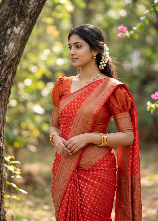 Southloom Munga Silk Saree with Woven Work on Body and Borders (Orange)