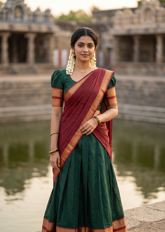 Kerala Southloom Semi UnStitched Kanchi Cotton Dhavani Set with Pavada and Blouse Piece In SL585