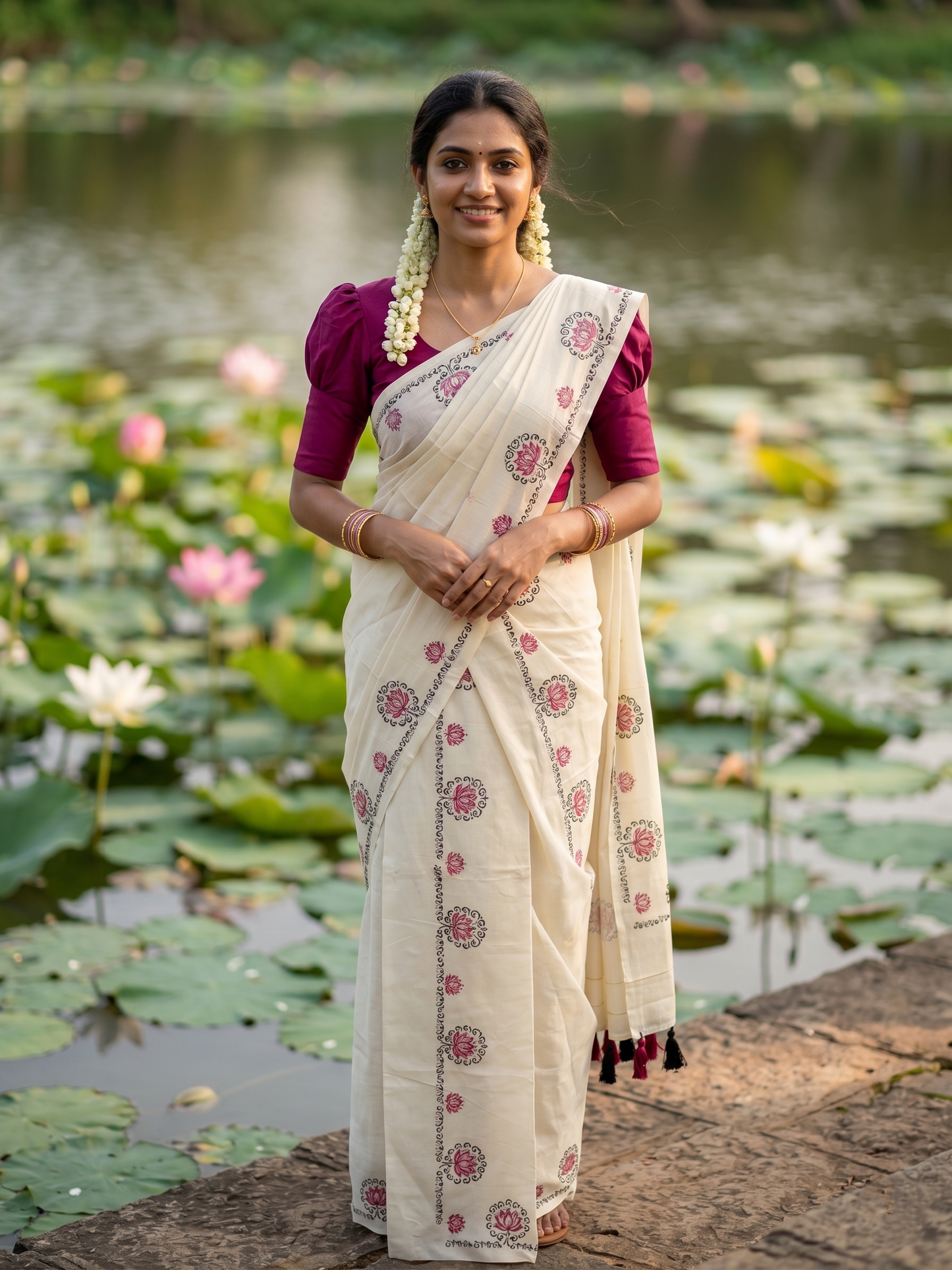 Southloom Kerala Cotton Single Set Mundu (Mundum Neriyathum) with Magenta & Black Lotus Block Printed Design