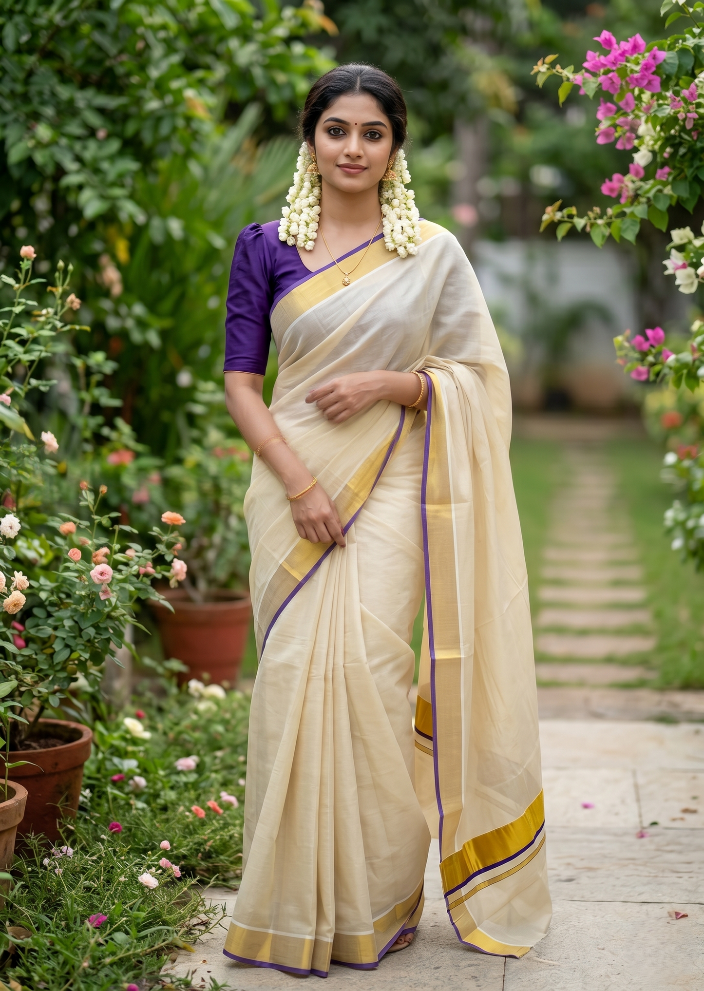Southloom Kerala Tissue Kasavu Plain Saree With Voilet Border