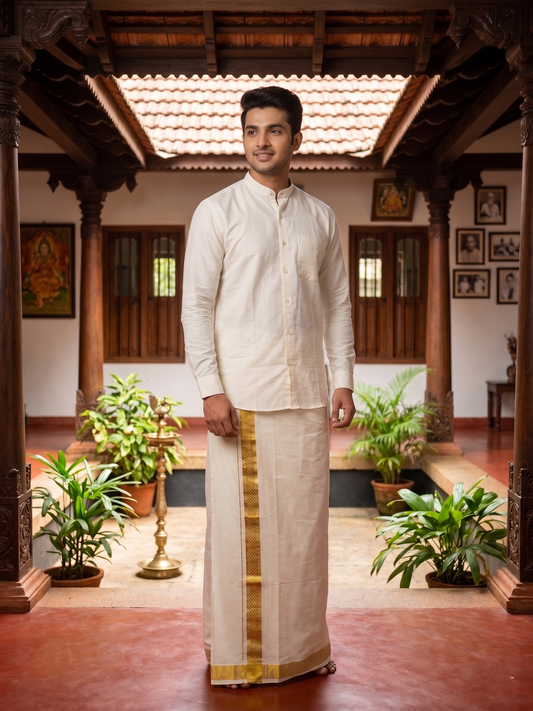 Southloom Premium Handloom Cotton Double Mundu with Gold Paaya Neythu Kasavu Border