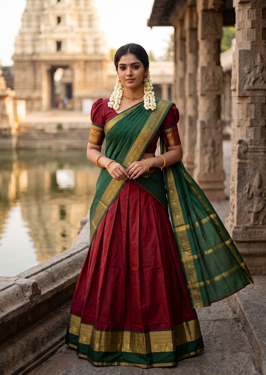 Kerala Southloom Semi UnStitched Kanchi Cotton Dhavani Set with Pavada and Blouse Piece In Maroon SL585