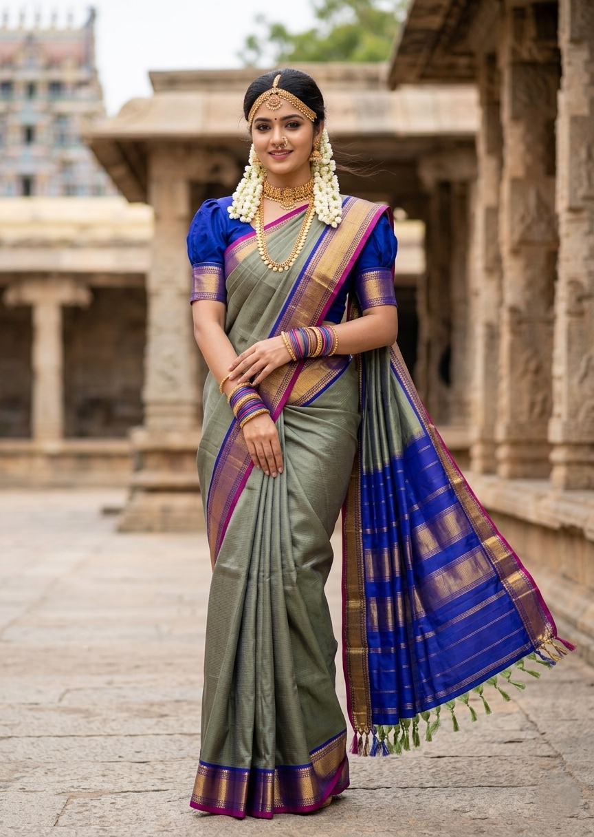 Southloom Pure Handloom Bridal Kanchipuram Silk Saree with Korvai Work (Green & Blue)