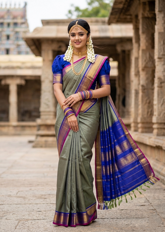 Southloom Pure Handloom Bridal Kanchipuram Silk Saree with Korvai Work (Green & Blue)