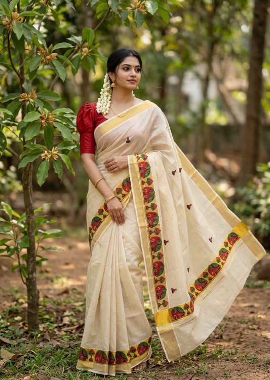 Southloom Tissue Kerala Kasavu Saree with Elephant Embroidery Design SL627