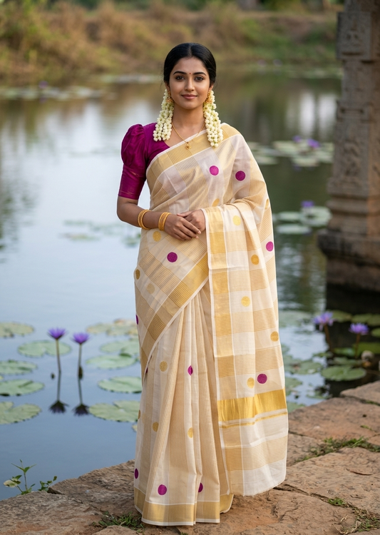 Southloom Kerala Tissue Kasavu Stripes Saree with Polka Embroidery Works on Body in Magenta  SL587