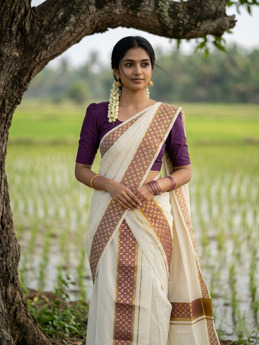 Kerala Pure Cotton Set Mundu Single (Mundum Neriyathum) with Purple Block Prints on Kasavu Border 2.80Mtrs