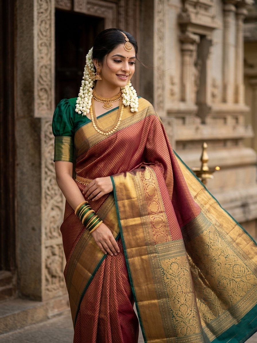 Southloom Premium Semi Silk Zari Work Brocade Saree in Bridal Maroon with Matching Pallu