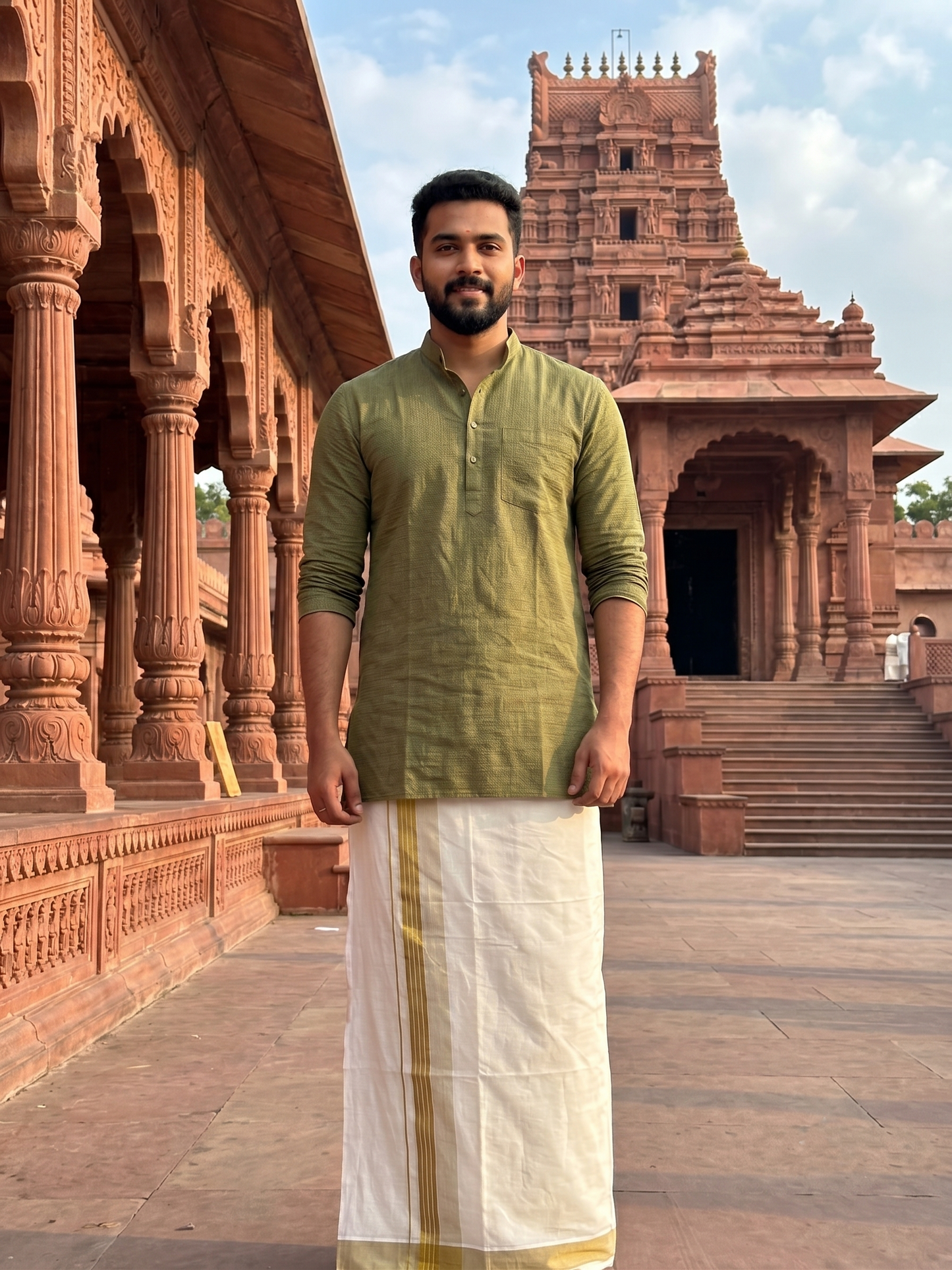 Southloom Pure Cotton Mundu with Olive Green Border (South Indian Kerala Dhoti)
