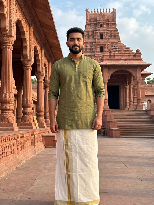 Southloom Pure Cotton Mundu with Olive Green Border (South Indian Kerala Dhoti)