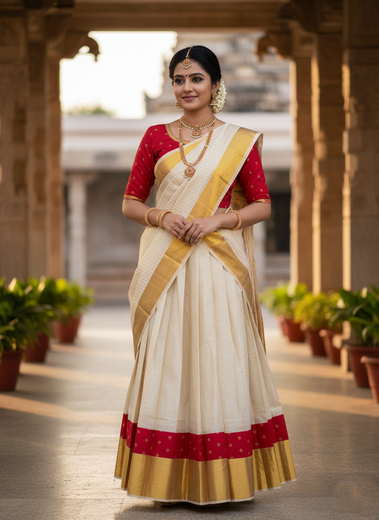 Southloom Semi Stitched Tissue Dhavani Set with Pavada and Orange Blouse Piece