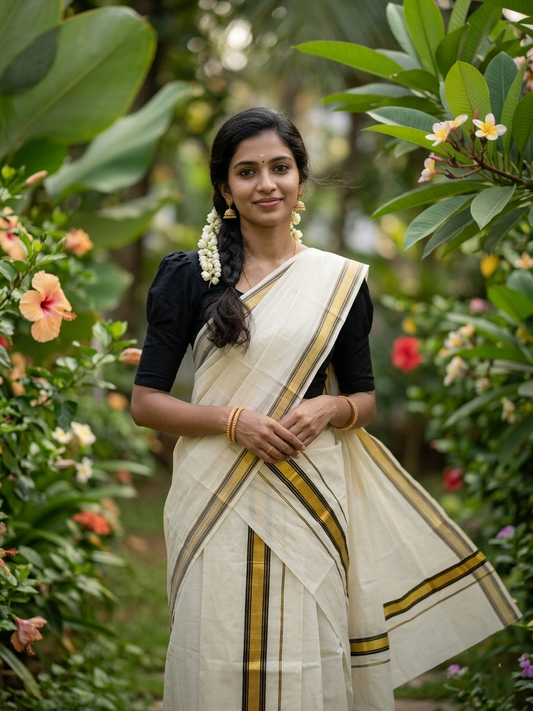 Southloom Pure Cotton Kerala Kasavu  Set Mundu (Mundum Neriyathum) Kasavu & Black Border in 2.80 Mtrs