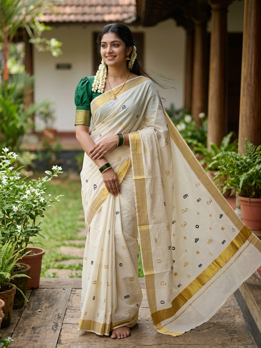 Southloom Kerala Cotton Kasavu Saree with Gold and Green Malayalam Aksharamala Embroidery Work on Body