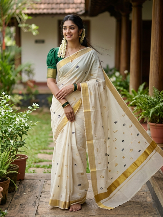 Southloom Kerala Cotton Kasavu Saree with Gold and Green Malayalam Aksharamala Embroidery Work on Body