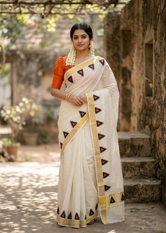 Southloom Cotton Kerala Kasavu Saree with Temple Digital Print In Black and Orange  With  Borders  SL369