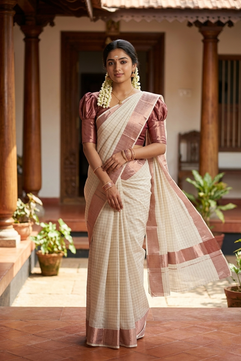 Pure Cotton Kerala Rose Copper Kasavu Checks Design Saree SL333