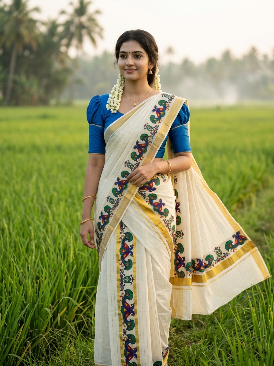 Southloom Cotton Lines Single Set Mundu (Mundu Neriyathum) With Blue Peacock Print And Gold Border Kasavu in 2.80 Mtrs