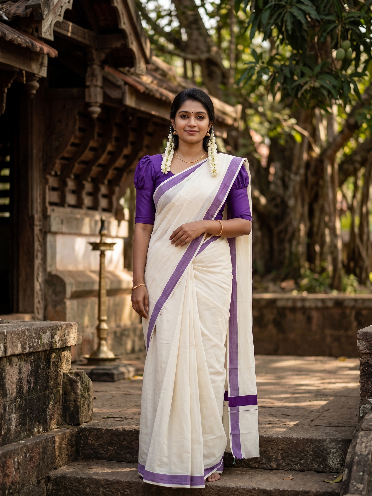 Southloom Pure Cotton Kerala Saree with Violet Plain Border