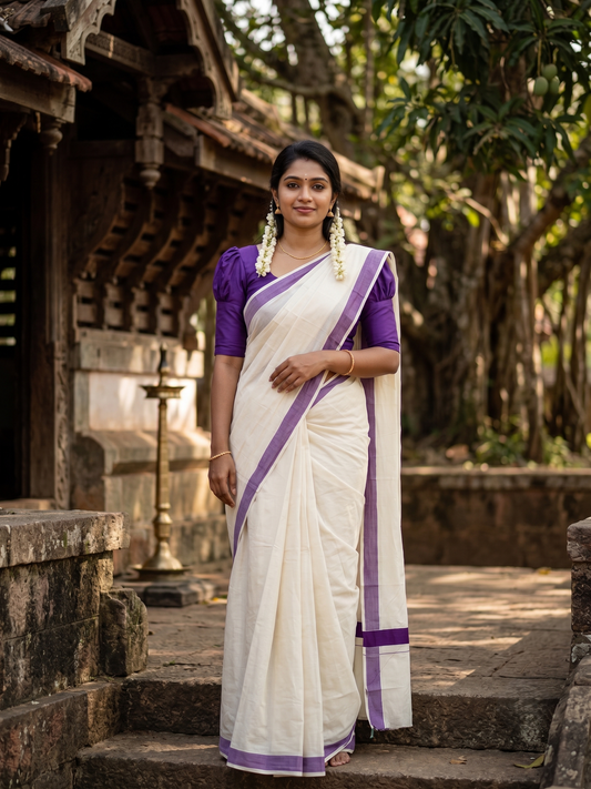 Southloom Pure Cotton Kerala Saree with Violet Plain Border