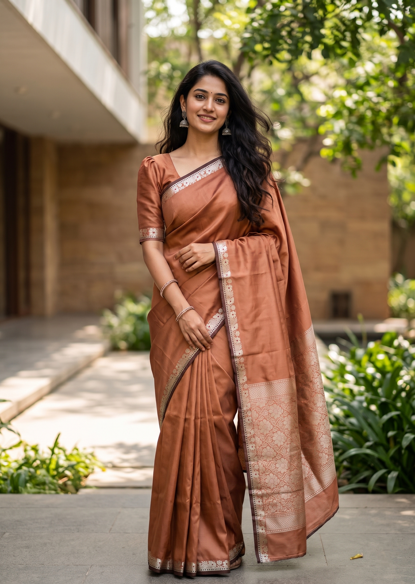 Southloom Satin Banarasi Silk Saree with Woven Work on Borders In Brown