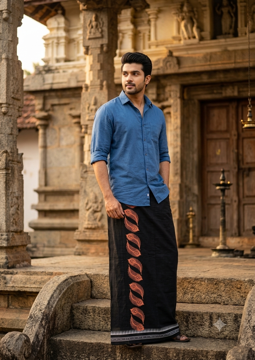 Southloom Black Printed Single Mundu / Otta Mundu / Lungi (South Indian Kerala Dhoti)