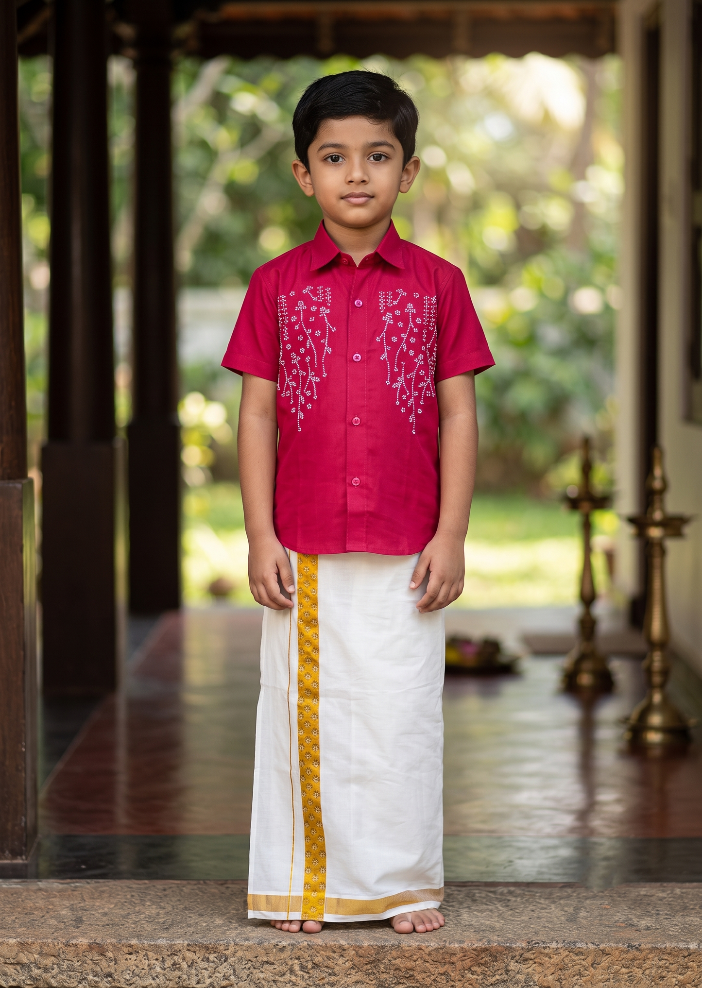 Southloom Cotton Stone Work Kids's Combo (Shirt + Velcro Mundu) SLKCOMBO
