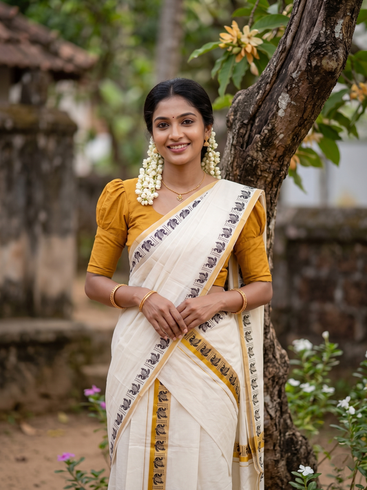 Southloom Kerala Mulloth Cotton Single Mundum Neriyathum with Digital Prints in Mustard Yellow 2.80 Mtrs SL378