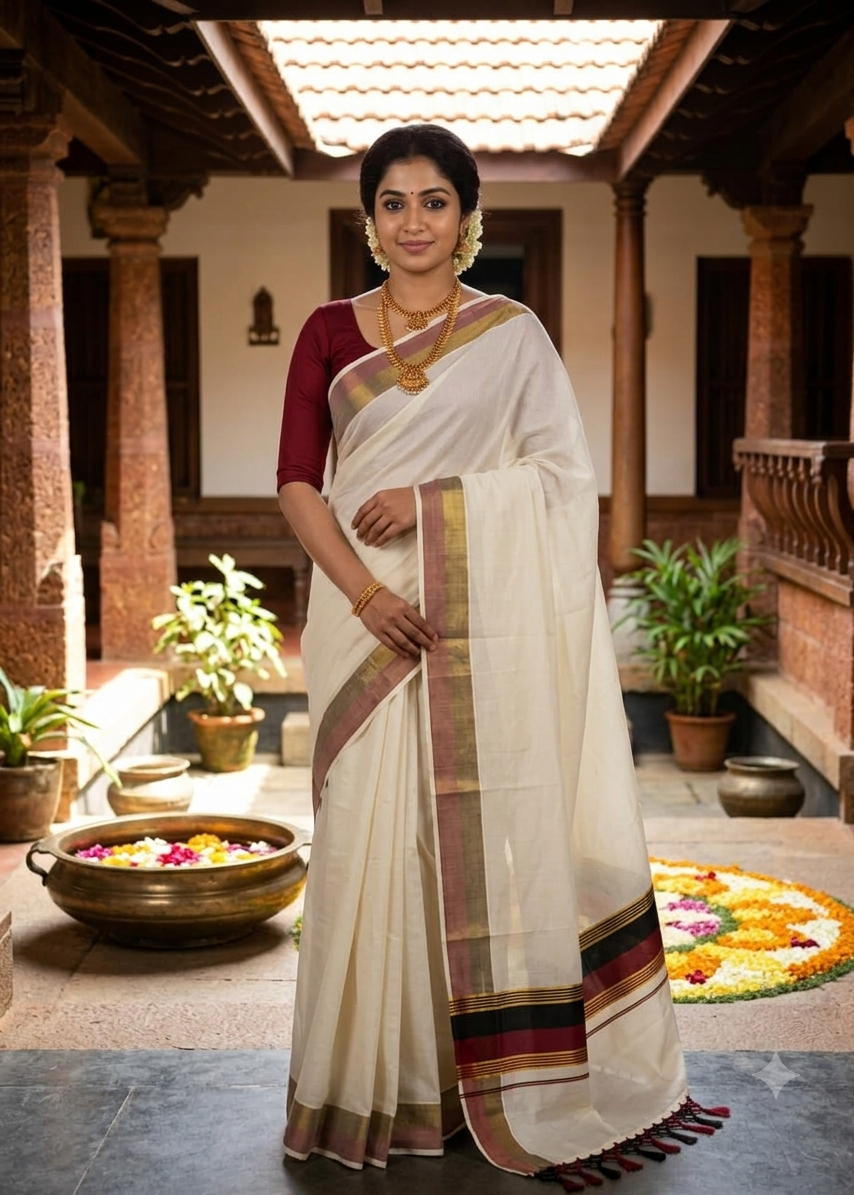 Kerala Cotton Kasavu Saree With Black And Maroon Borders SL499