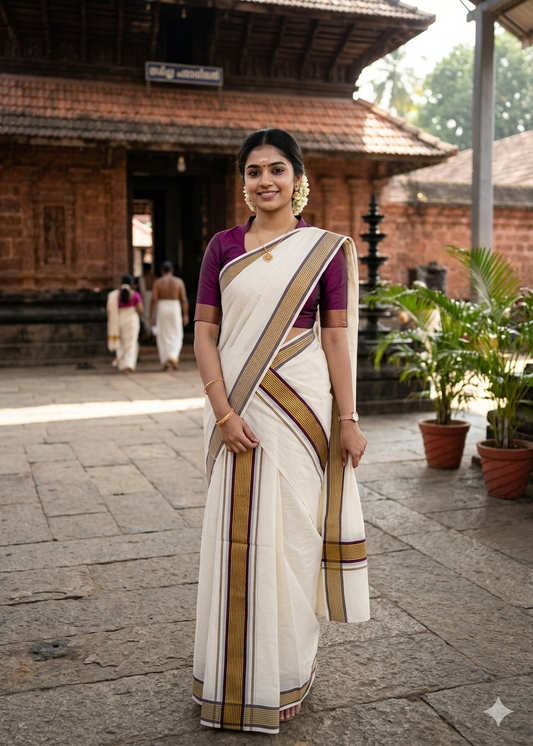 Kerala Cotton Single Set Mundu With Purple And Golden Kasavu Border (2.80 mtrs) SL413
