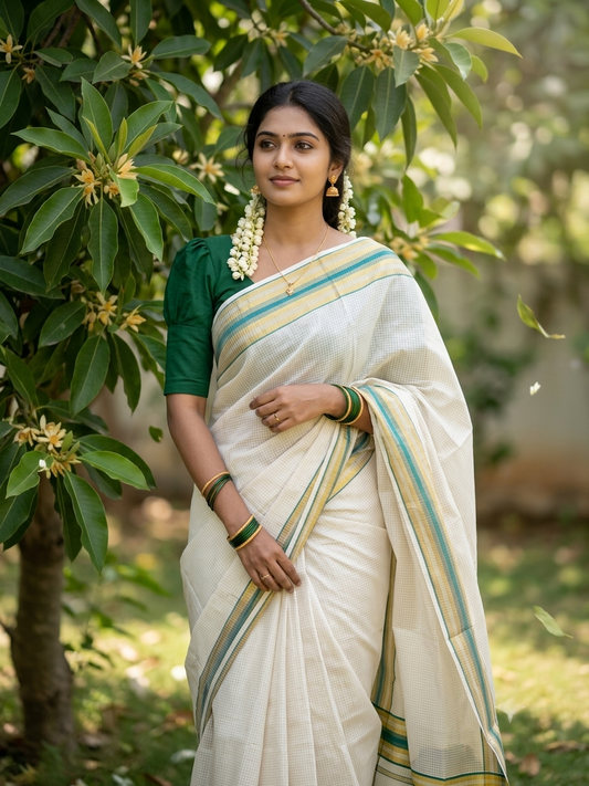 Southloom Kerala Cotton Kasavu Saree with Micro Check Design on Body in Green Border