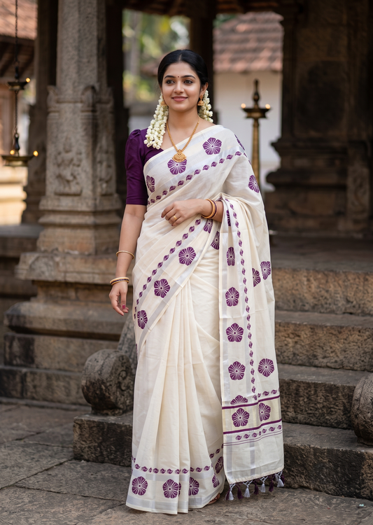 Southloom Cotton Kerala Kasavu Saree with Digital Print on Body in Purple SL519