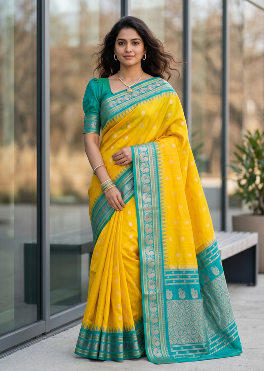 Southloom Kerala Cotton Silk With Woven Work On the Body With Yellow And Turquoise
