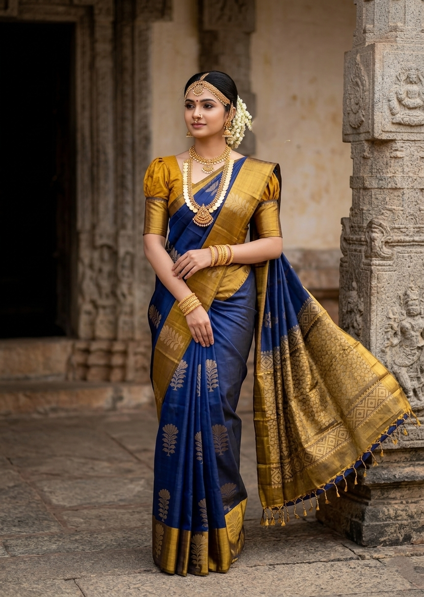 Southloom Pure Handloom Kanchipuram Silk Saree with Butta Work (Blue & Golden)