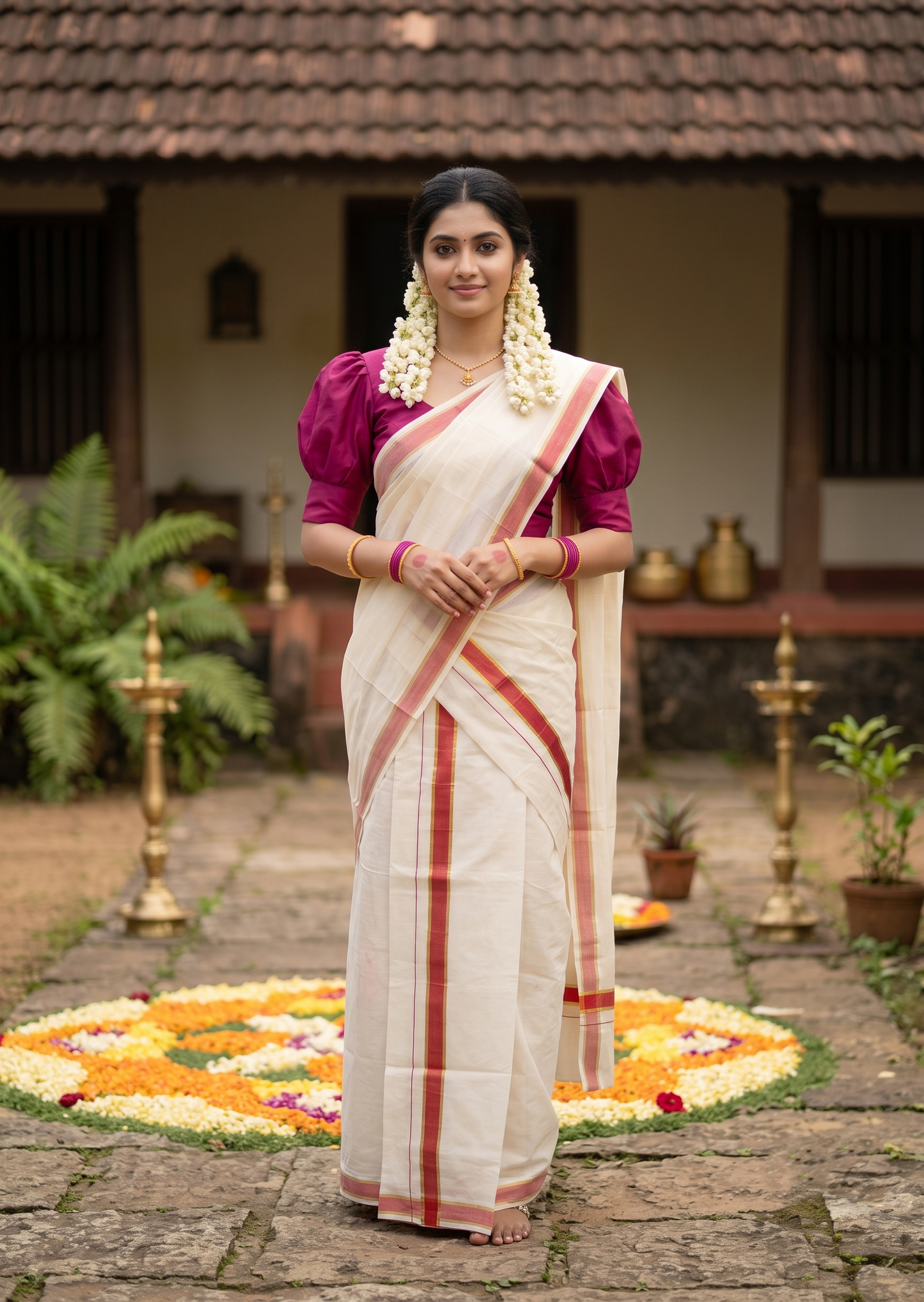 Southloom Pure Cotton Kerala Kasavu Set Mundu (Mundum Neriyathum) Kasavu & Pink Border in 2.80 Mtrs SLKK SL470